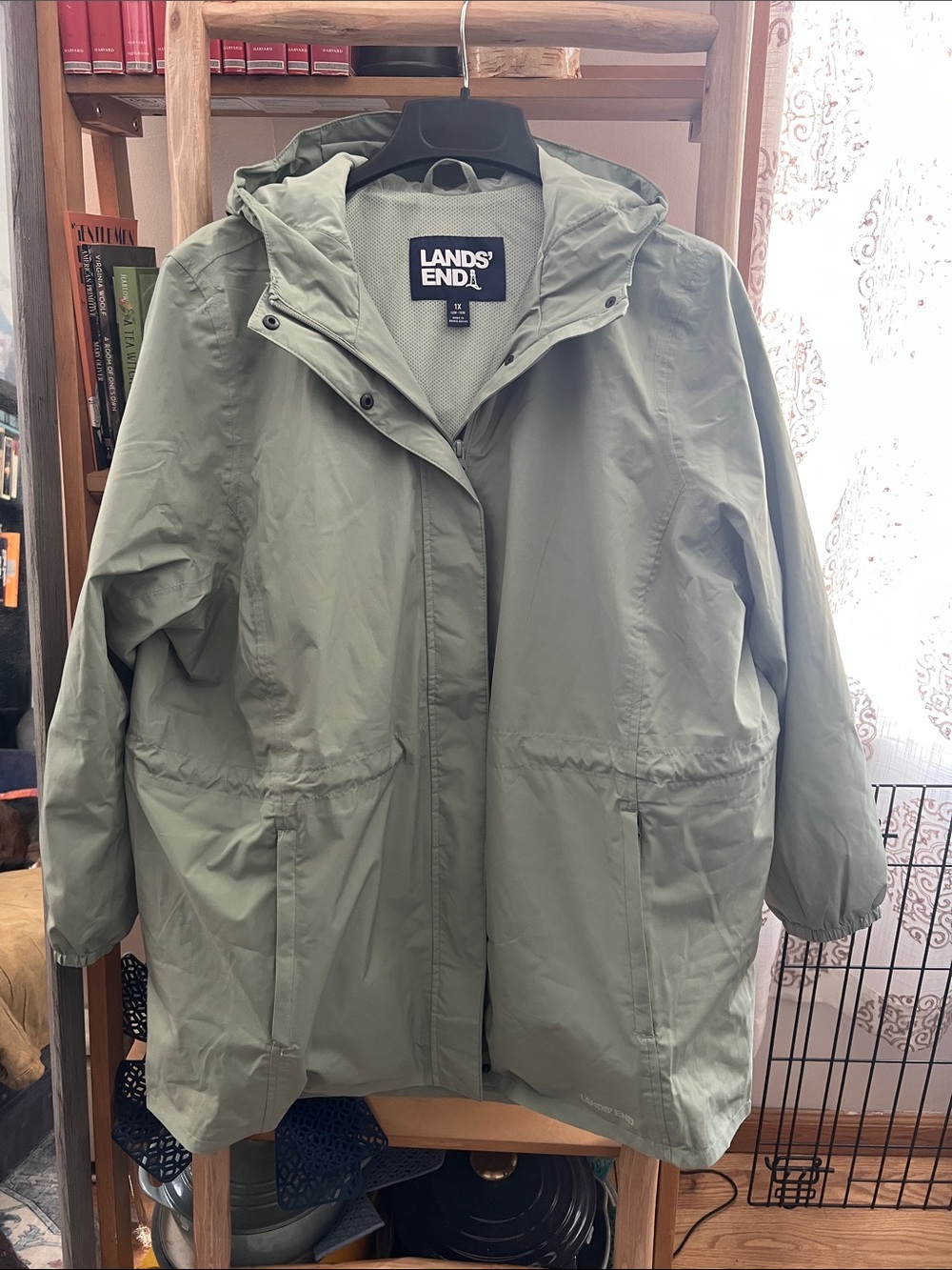Lands' End Women's Sage Green Hooded Packable Raincoat